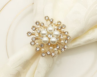 24 pcs Pearl Napkin Rings, Rhinestone Wedding Napkin Rings Table Decor Diamante,Large Bridal Silver or Gold Metal Pearl Crystal Rhinestone