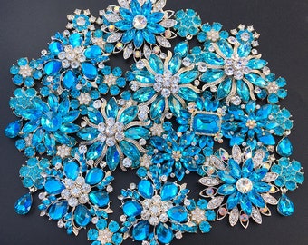 Mix 45 pcs Blue tone Brooch Bouquet Supplies Crystal Rhinestone Pearl Brooch Pin Cake Decoration,Embellishment Wedding Bouquet Brooch
