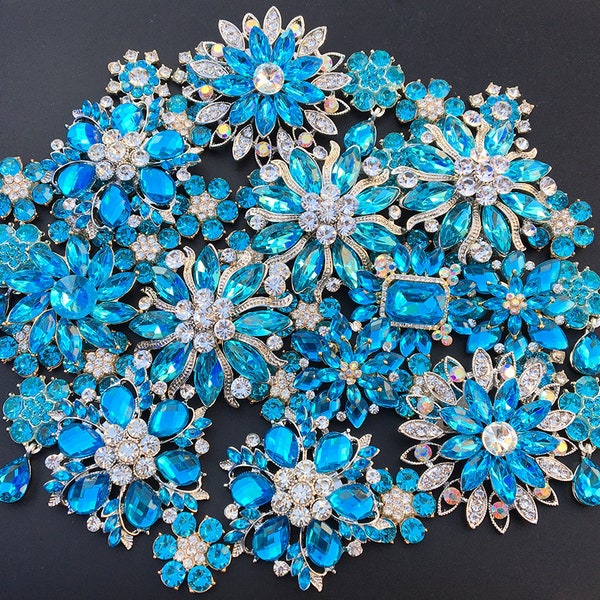 Mix 45 pcs Blue tone Brooch Bouquet Supplies Crystal Rhinestone Pearl Brooch Pin Cake Decoration,Embellishment Wedding Bouquet Brooch