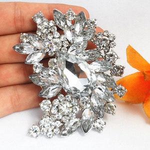 Large Silver Tone Rhinestone  Embellishment or Pin Flower  Rhinestone Brooch Crystal Broach DIY Big Clear Silver Pin ,Wedding brooch