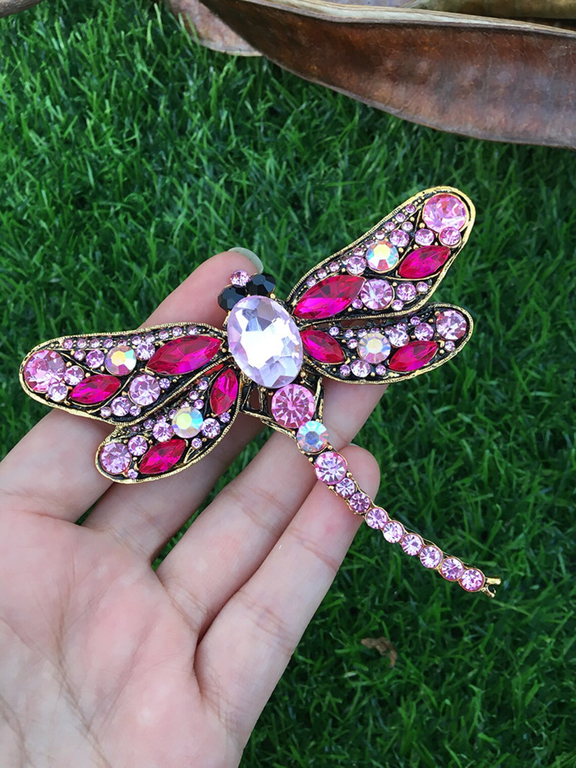 Extra Large Hot Pink Rhinestone Brooch Gold Tone Embellishment Etsy