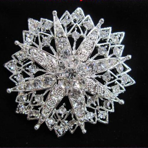 Large Silver Tone Rhinestone Flower Broochbig Clear Silver Etsy