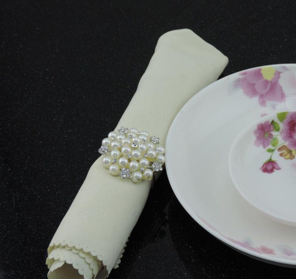 50 Pcs Pearl Napkin Rings Rhinestone Wedding Napkin Rings Etsy