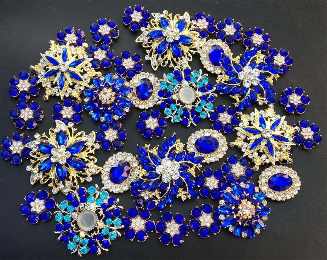 Mix 45 Pcs Royal Blue Tone Brooch Bouquet Supplies Crystal Rhinestone