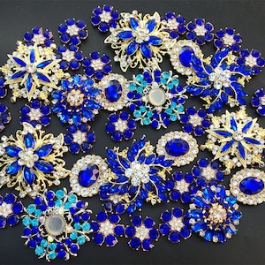 Mix 45 pcs Royal Blue tone Brooch Bouquet Supplies Crystal Rhinestone Pearl Brooch Pin Cake Decoration,Embellishment Wedding Bouquet Brooch