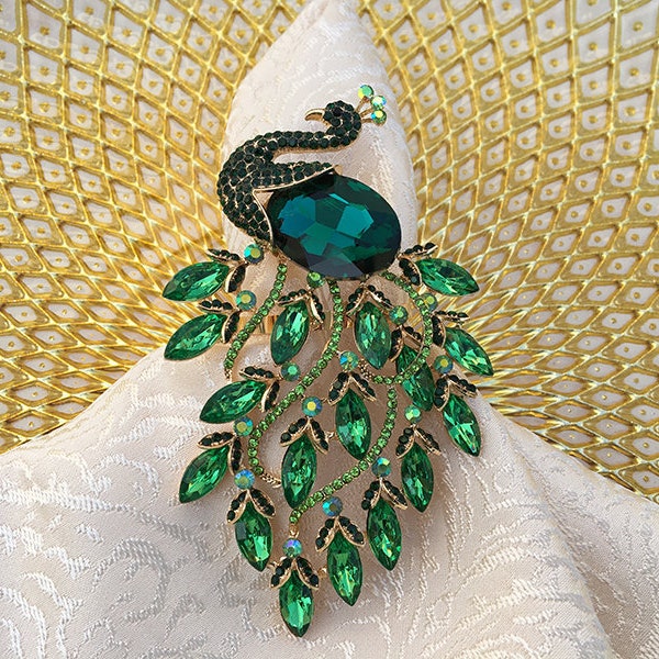 Green Peacock Rhinestone crystal Napkin Rings for Holidays, Dinners, Parties, Everyday Use, for tableware, Decorative Napkin Holders