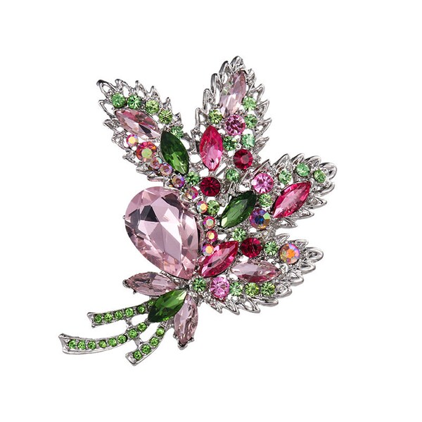 Pink and Green Crystal Rhinestone Brooch , Multicolor Broach Big Flower Brooch Sash DIY Supply Gold Pin ,Embellishment clear Crystal Brooch