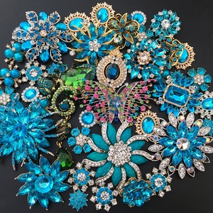 Mix 40 pcs Blue tone Brooch Bouquet Supplies Crystal Rhinestone Pearl Brooch Pin Cake Decoration,Embellishment Wedding Bouquet Brooch