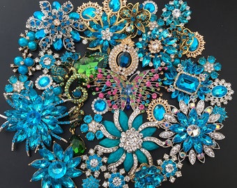 Mix 40 pcs Blue tone Brooch Bouquet Supplies Crystal Rhinestone Pearl Brooch Pin Cake Decoration,Embellishment Wedding Bouquet Brooch