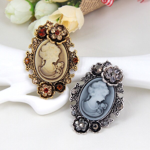 Crystal Flower Encrusted Cameo beautiful Style Beauty Head Brooches Embellishment for Women Brooches Pin Jewelry Accessories AF054