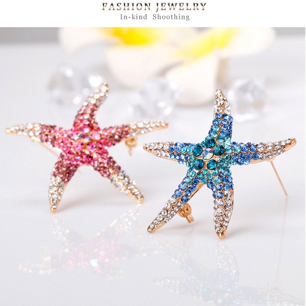 Assorted Colors Crystal Rhinestones Starfish Brooches Embellishment for Wedding Bridal Party Flower Bouquet DIY Accessories AC147