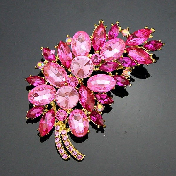 Large Rhinestone Brooch Gold Tone Hot pink Feather shape Brooch Embellishment Pin beautiful Style Flower Broach  Bouquet