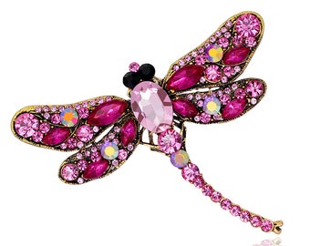 Extra Large Hot pink Rhinestone Brooch Gold Tone Embellishment dragonfly beautiful Style Rhinestone Broach for Wedding Brooch Bouquet Pin