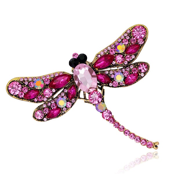 Extra Large Hot pink Rhinestone Brooch Gold Tone Embellishment dragonfly beautiful Style Rhinestone Broach for Wedding Brooch Bouquet Pin