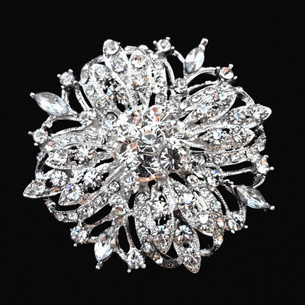 Large Silver Tone Rhinestone Flower  Brooch,Big Clear silver Brooch Pin DIY,For Wedding Bridal Dress Sash Brooch,Fashion Women Brooches