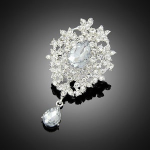 Silver Tone Crystal Rhinestone Dangle Embellishment Clear Silver Rhinestone Tiny Drop Brooch Rhinestone Brooch AE091