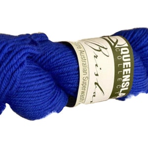 May include: A skein of bright blue yarn with a white label that reads "Queensland Collection Briska Pure Australian Superwash".