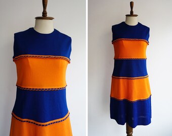 Size M / Knit Color block 60s Mod Vintage Dress /  Orange and Blue Sleeveless Shift Dress