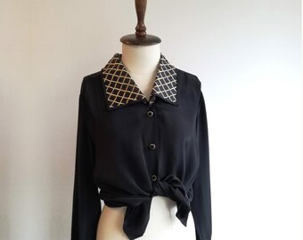 90s Gold Embroidered Vintage Blouse / Black Evening Party Blouse / Black Shirt with Gold Embroidered Tulle Collar and Cuffs