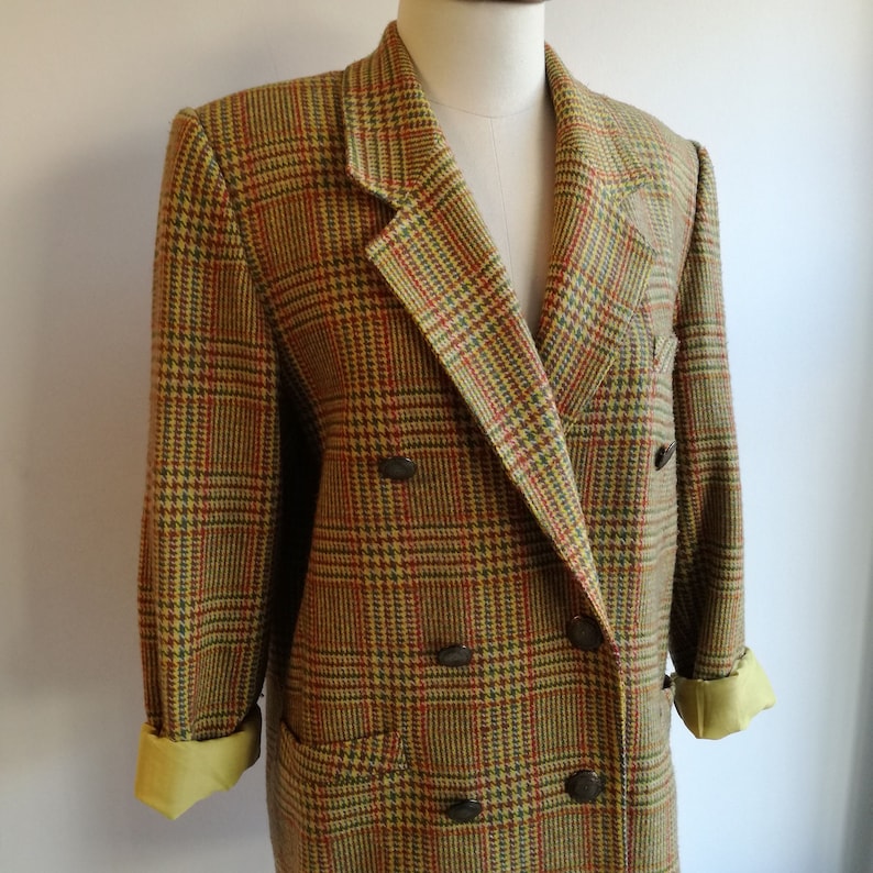 Vintage 80s Yellow Plaid Blazer Oversized Tartan Vintage Jacket Loose Fit Double Breasted Blazer