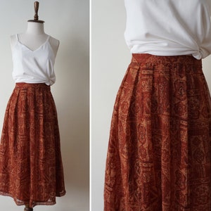 XS S Chiffon High Waist Midi Vintage Skirt / Claret Red Pleated Skirt