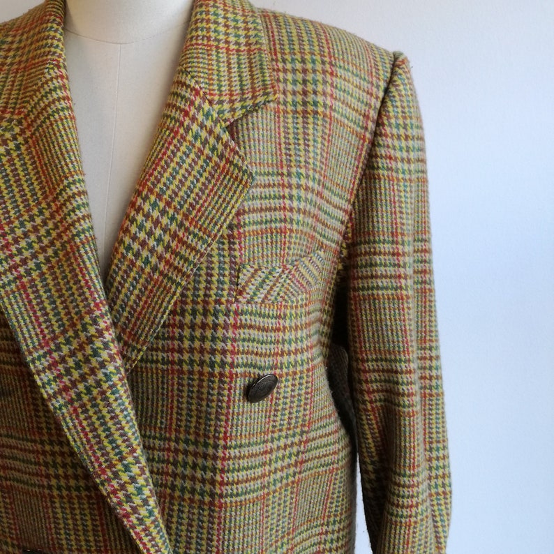 Vintage 80s Yellow Plaid Blazer Oversized Tartan Vintage Jacket Loose Fit Double Breasted Blazer