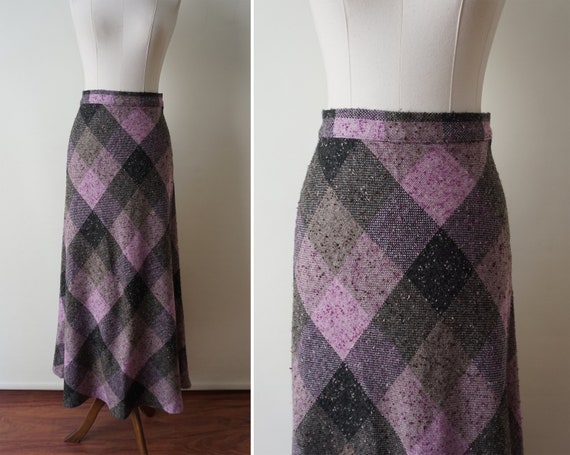 70s Plaid Vintage Maxi Skirt / Purple High Waist W