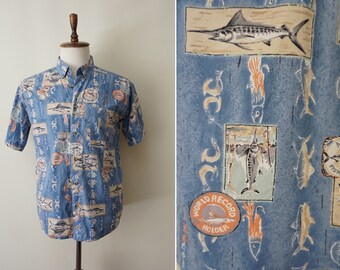 Mens 90s Cotton Button Down Vintage Shirt  / Fish Print Short Sleeve Vintage Shirt
