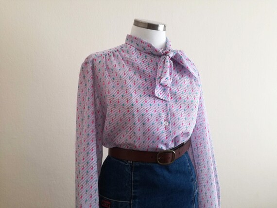 Tulip Patterned 90s Vintage Chiffon Blouse / Flor… - image 2