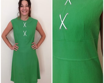 60s Green Vintage Mod Dress / 1960s Sleeveless Vintage Shift dress / Size Medium