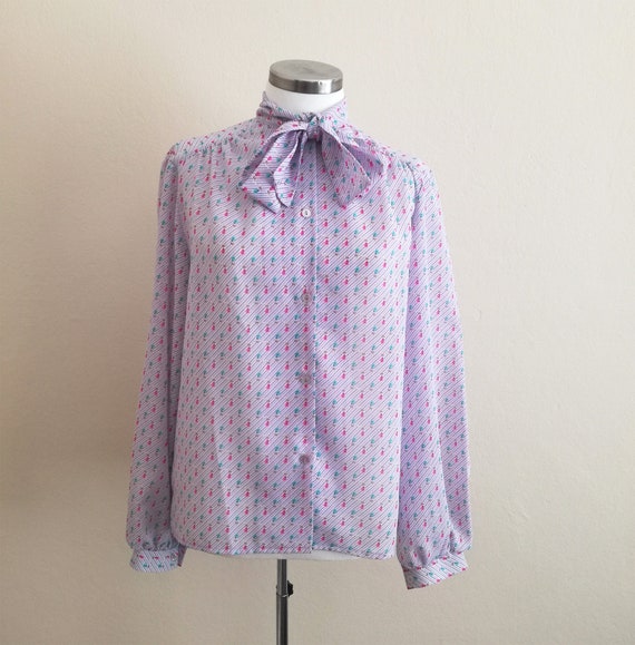 Tulip Patterned 90s Vintage Chiffon Blouse / Flor… - image 7