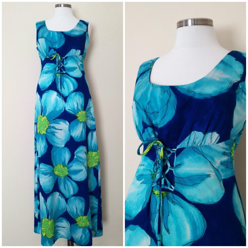 70s Vintage Blue Floral Maxi Dress / 'polynesian Bazaar' Tropical ...