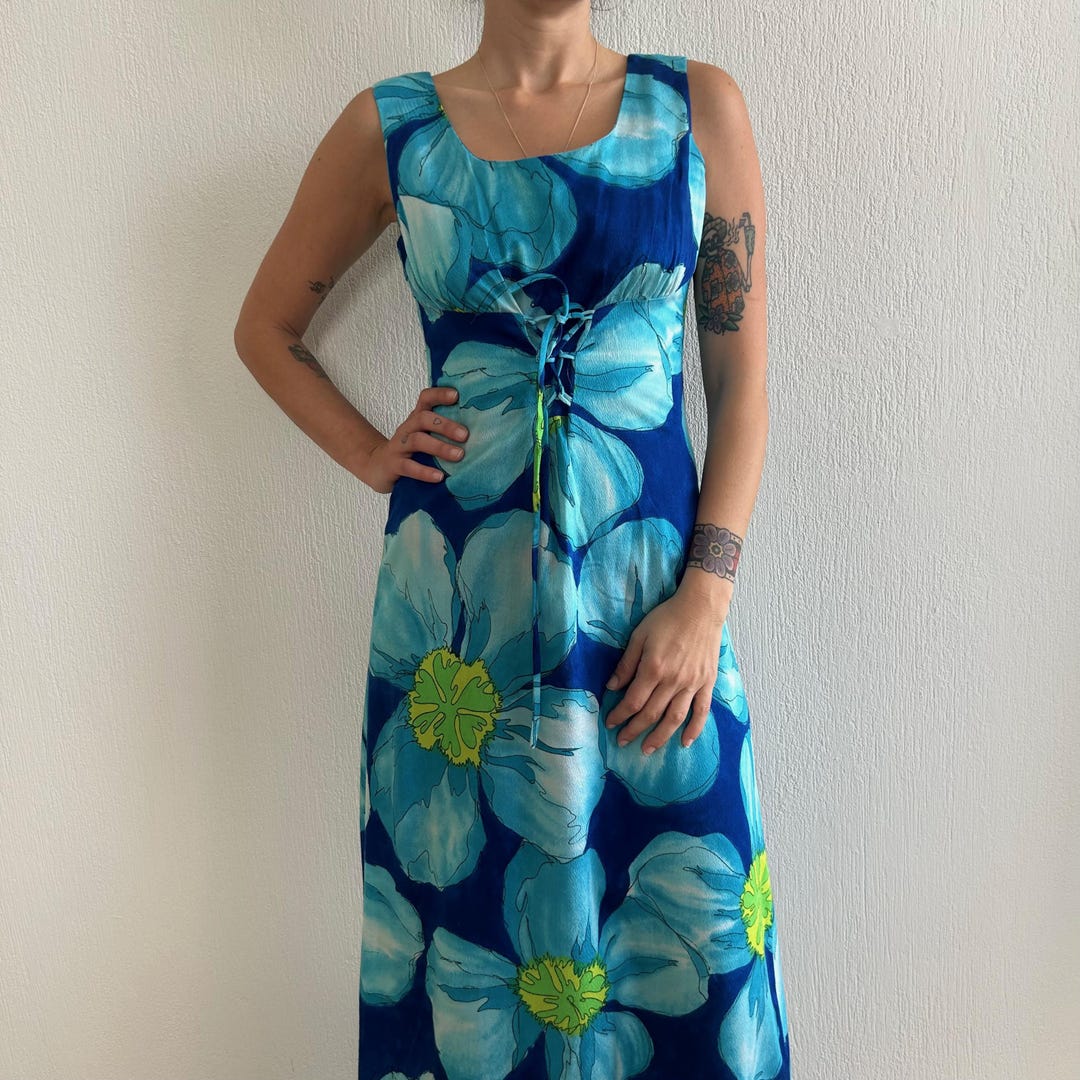 70s Vintage Blue Floral Maxi Dress / 'polynesian Bazaar' Tropical ...