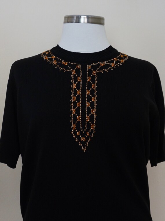 70s Vintage Black Embroidered Knit Blouse / Gold … - image 4
