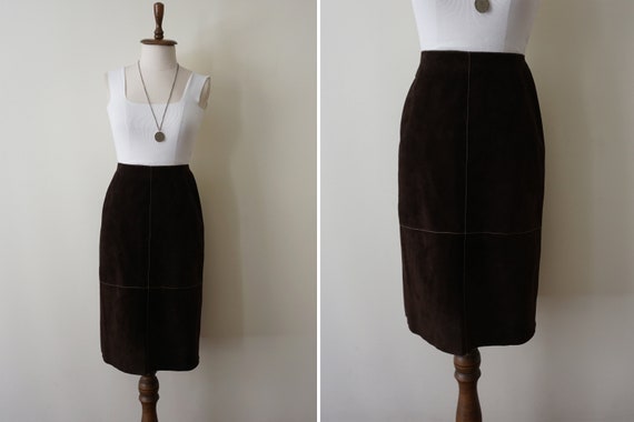 Brown Suet 90s Vintage Skirt /  Suet Leather A line  Vintage Skirt