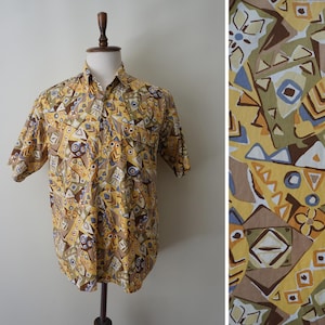 90s Yellow Cotton Vintage Shirt / Abstract Geometric Print Vintage Summer Top