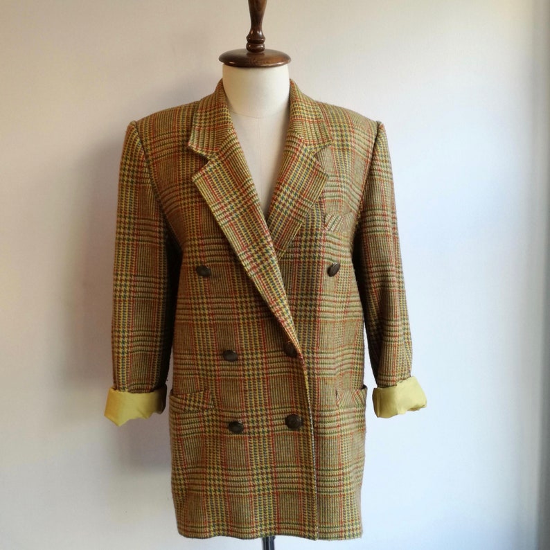 Vintage 80s Yellow Plaid Blazer Oversized Tartan Vintage Jacket Loose Fit Double Breasted Blazer