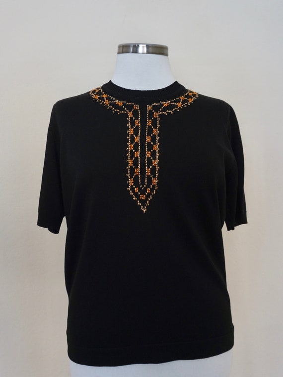 70s Vintage Black Embroidered Knit Blouse / Gold … - image 2