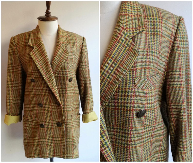 Vintage 80s Yellow Plaid Blazer Oversized Tartan Vintage Jacket Loose Fit Double Breasted Blazer