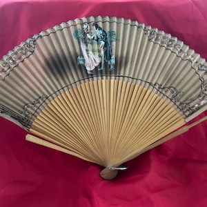 1800s Hand-painted Folding Hand Fan - Linen & Wood - Collector&#39;s Item