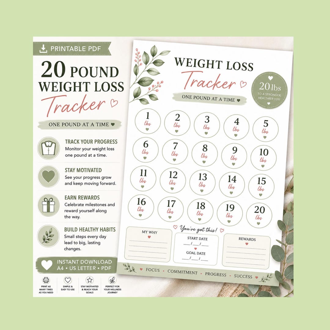 20 Pound Weight Loss Tracker Printable PDF | Minimalist Wellness Goal Tracker | Sage Green ...