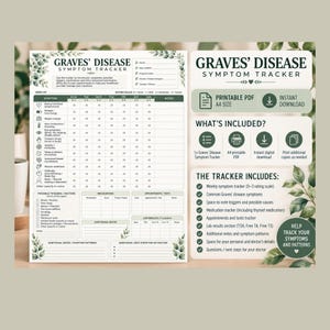 Pode incluir: Um documento PDF imprimível para rastreamento de sintomas da doença de Graves com uma grade semanal para sintomas, medicamentos, consultas e resultados de laboratório. O layout inclui seções para dados pessoais e detalhes de folhas verdes.