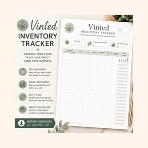 Op de afbeelding: Een afdrukbare Vinted inventaris tracker met de tekst "Vinted Inventory Tracker". Het ontwerp bevat secties voor artikeldetails, merk, maat, kosten en status. Het toont ook pictogrammen en de tekst "Instant Download A4 • US Letter • PDF".