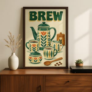 Brew Retro Coffee Print, Vintage Tea Pot Kitchen Wall Art, Folk Floral Poster