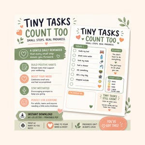 Può includere: Un PDF stampabile con il testo "Tiny Tasks Count Too" e una lista di controllo giornaliera. Il design include suggerimenti incoraggianti, icone e le frasi "Small Steps. Real Progress." e "You've Got This!"