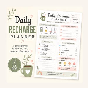 Op de afbeelding: Een afdrukbare Daily Recharge Planner met een groen en wit ontwerp. De planner bevat secties voor energieniveaus, prioriteiten, zelfzorg en een brain dump. De tekst luidt: "Een zachte planner om u te helpen rusten, resetten en u beter te voelen."