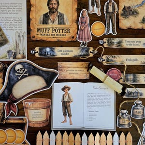 May include: A collection of themed paper cutouts and props, including a wanted poster, character illustrations, and text excerpts from "The Adventures of Tom Sawyer." The items are arranged on a wooden surface.