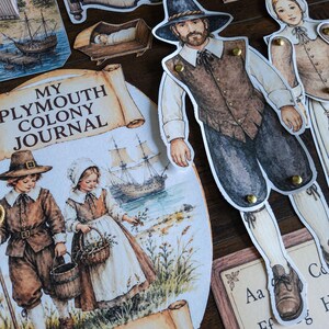 May include: A collection of paper cutouts featuring historical figures in colonial attire, including a man in a wide-brimmed hat and vest, a journal titled My Plymouth Colony Journal with illustrations of children, a ship, and a blacksmith sign.