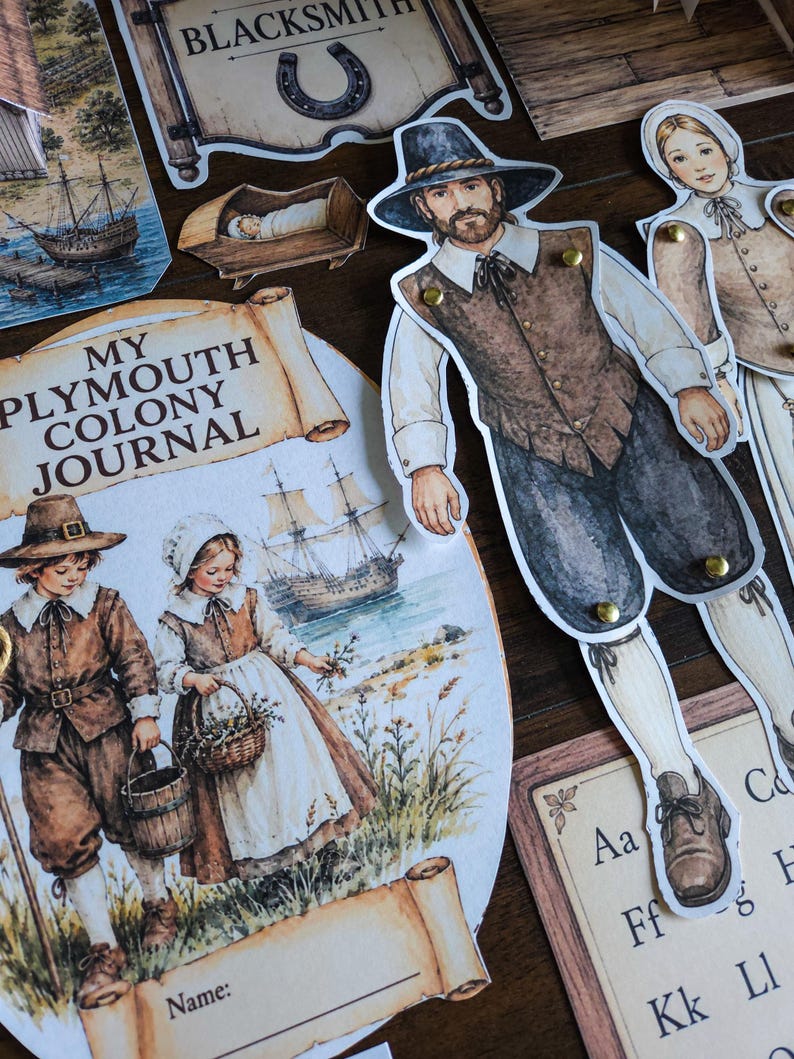 May include: A collection of paper cutouts featuring historical figures in colonial attire, including a man in a wide-brimmed hat and vest, a journal titled My Plymouth Colony Journal with illustrations of children, a ship, and a blacksmith sign.