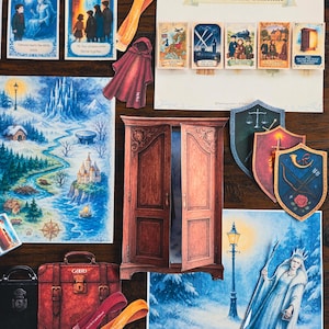 May include: An assortment of Narnia-themed artwork and accessories, including illustrations of characters, a wardrobe, a map, and a timeline. The color palette includes blues, reds, and browns, with a focus on fantasy and adventure.